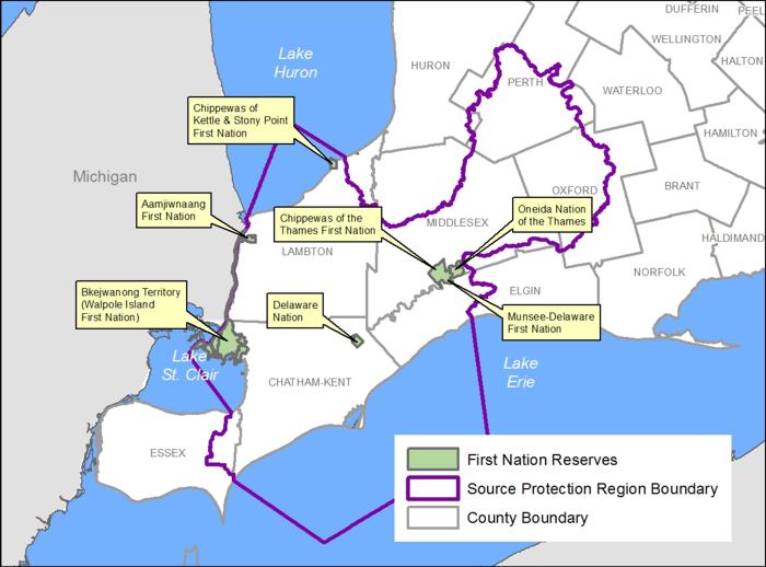 Map showing First Nations downstream of London that are affected by its pollution.