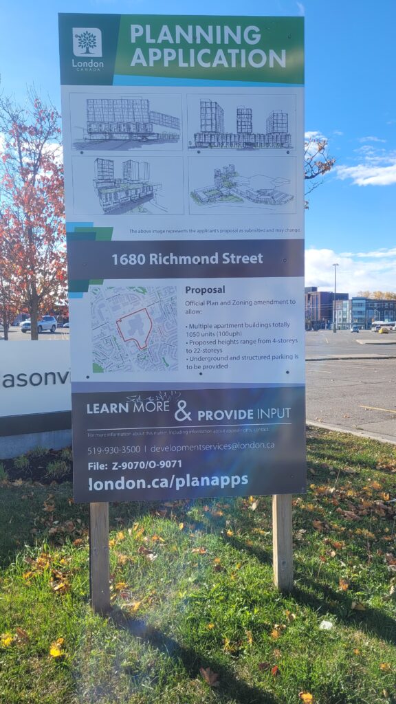 Planning Application sign at 1680 Richmond Street.