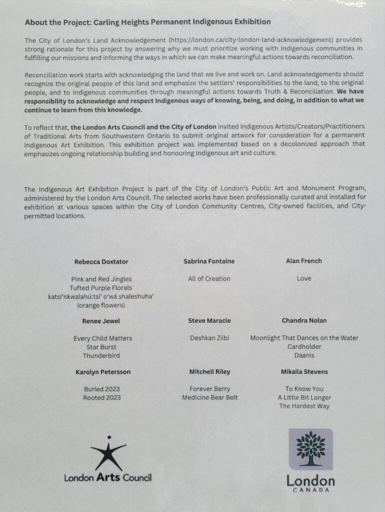 Acknowledgement from the city of London, along with the list of the artists and the artwork on display.