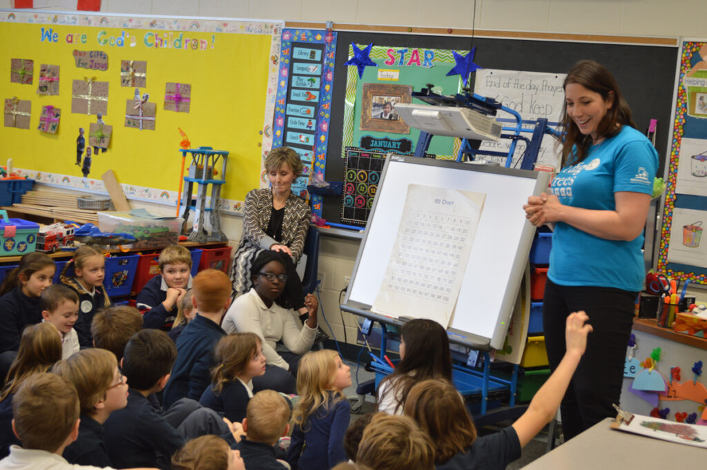 Adult instructor from ReForest London doing a presentation in front of a class of children. 