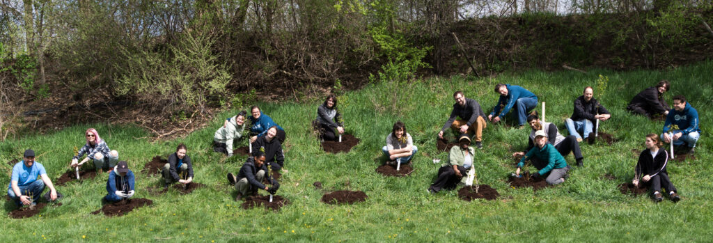 Group of tree planters on a hillside showing their newly planted trees. 