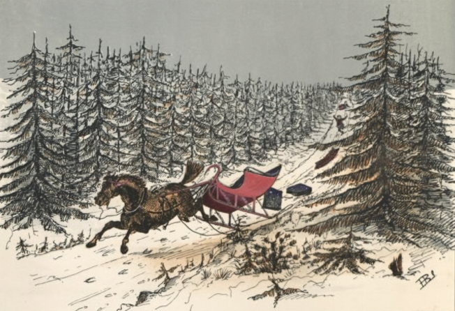 Runaway horse dragging a sleigh down a snow covered road, 1870.