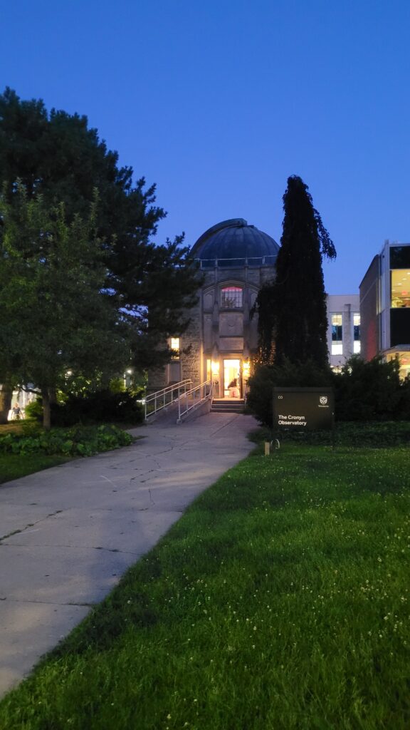 Evening view of the exterior of the Cronyn Observatory.
