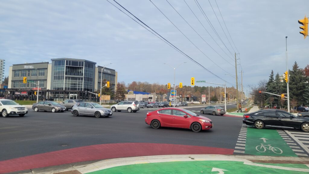 Street level view of intersection of Fanshawe and Richmond, 2026, looking northwest.