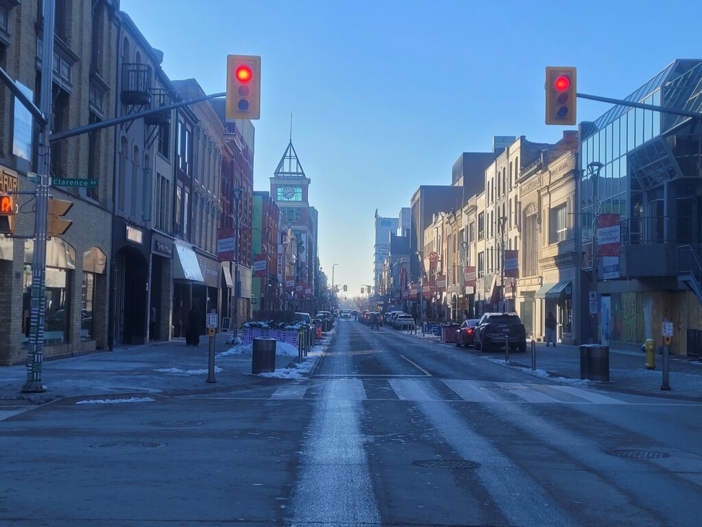 Historic Dundas Street, looking west from Richmond Street, 2025.