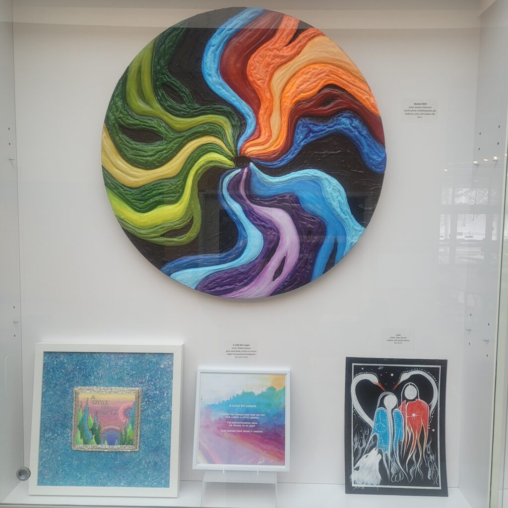 Grouping of Indigenous Art in display case.