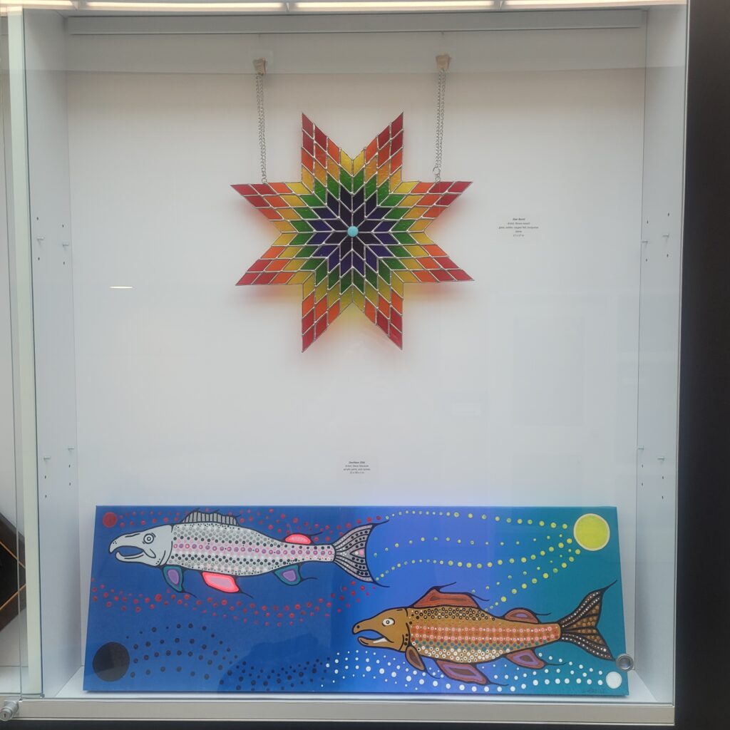 Grouping of Indigenous Art in display case.