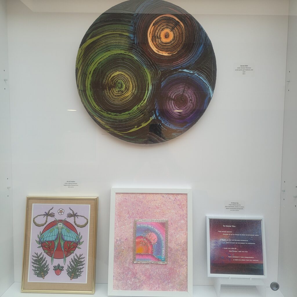 Grouping of Indigenous Art in display case.