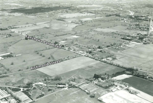 Aerial view of intersection of Fanshawe and Richmond, 1950, looking south east.