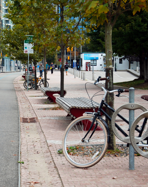 Bicycles, pedestrians, benches, wide sidewalks, and trees, illustrate a walkable "greenway."