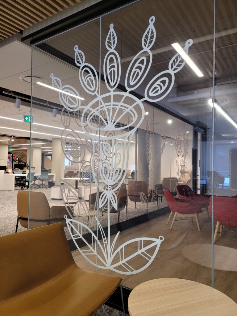 Murals on meeting room windows.