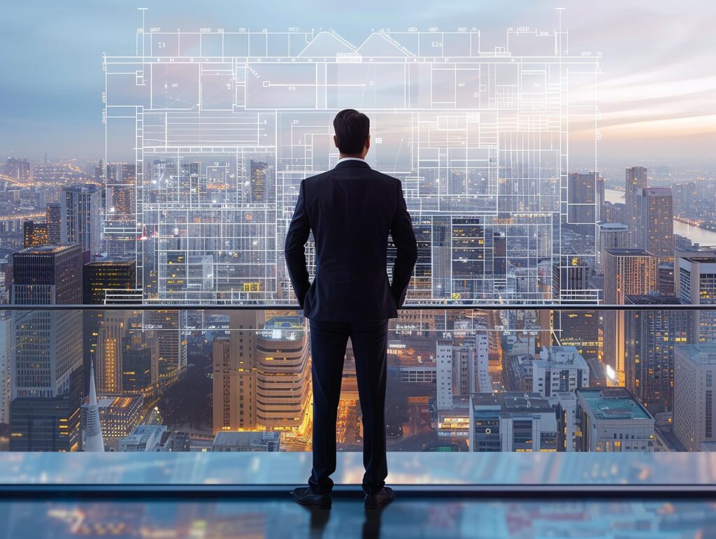 Man in business suit looking over a modern city skyline from his office tower.