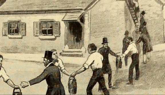 Line of people in early London in a bucket brigade trying to put out a house fire.