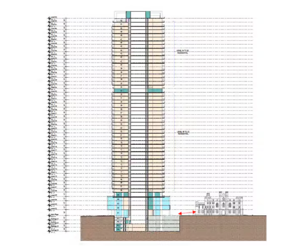 A cross-sectional drawing illustrates how close the 54-story tower would be to the 3-storey courthouse.