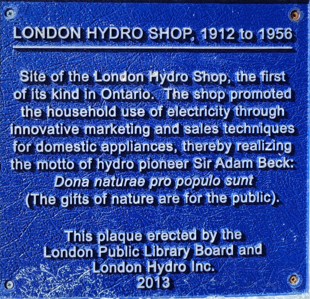 London Hydro Shop, 1912 to 1958. Historical Plaque.