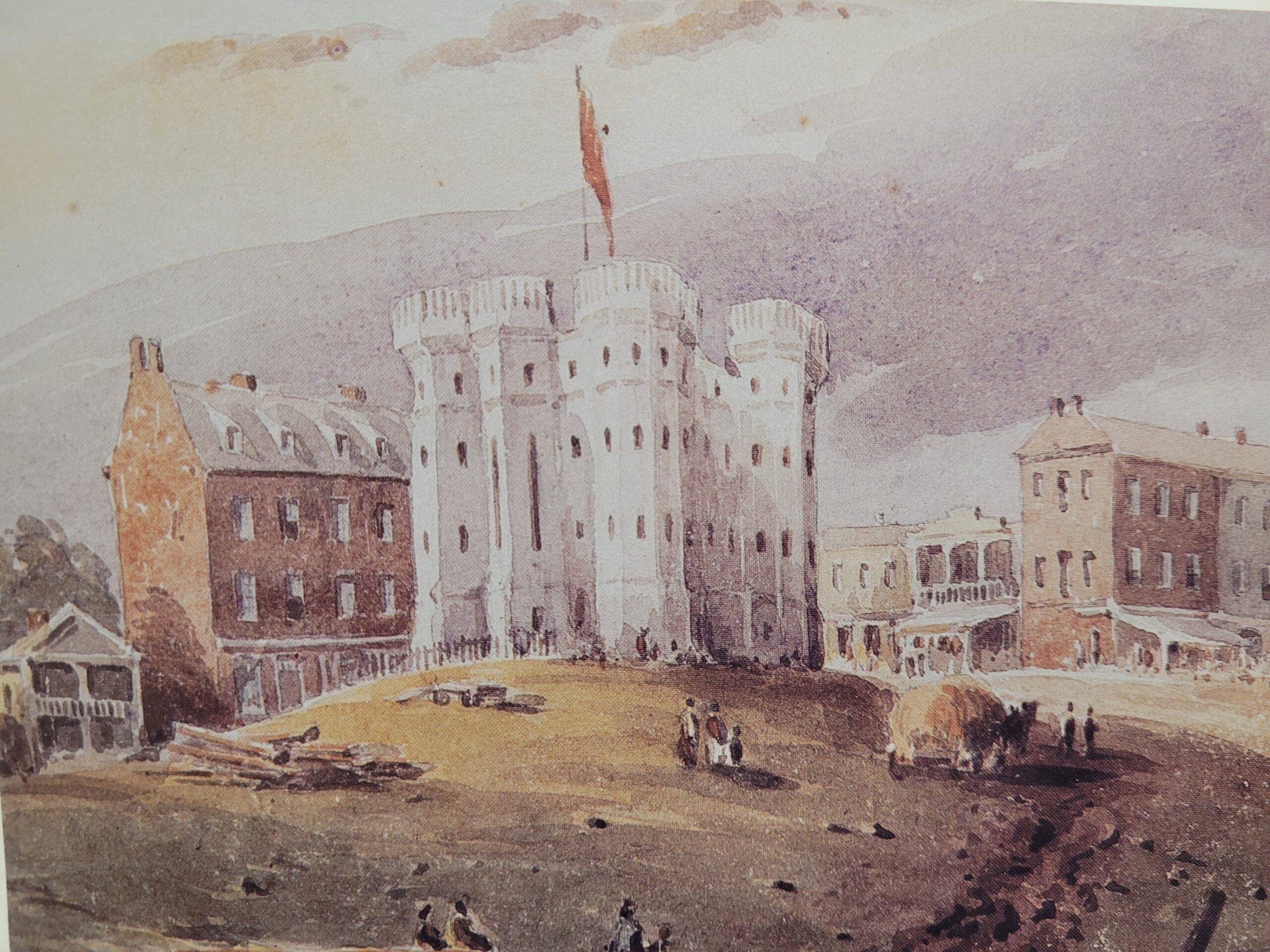 View of the Middlesex County Court House, as seen from the Thames River. This painting by George Russell Dartnell, c. 1841, shows the western view of the courthouse. 
