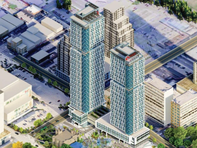 This rendering illustrates how the two-tower project proposed at 50 King St would dwarf the nearby courthouse to the north.