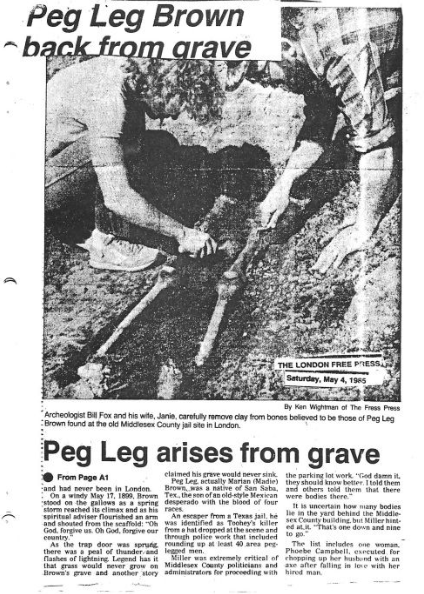 London Free Press article from 1985 about Peg Leg Brown's skeleton being found.