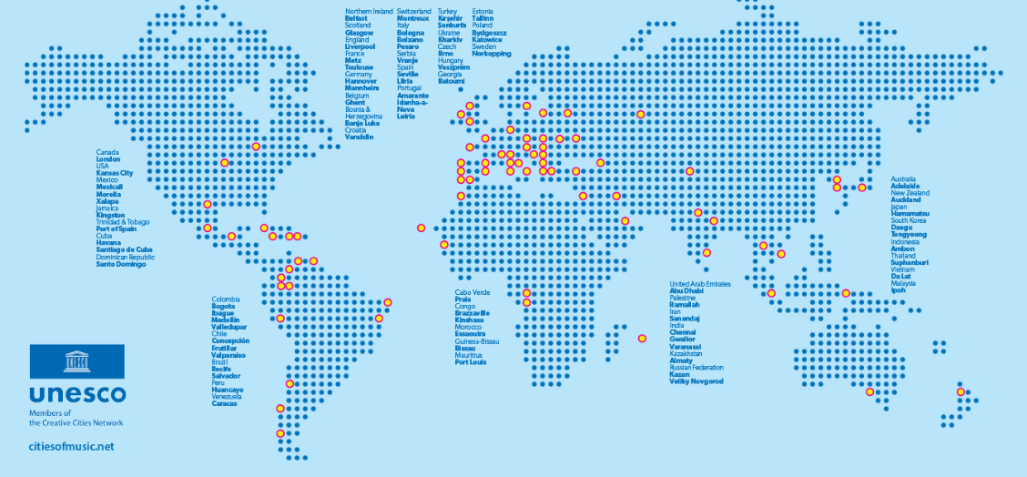 Map showing UNESCO Cities of Music around the world.