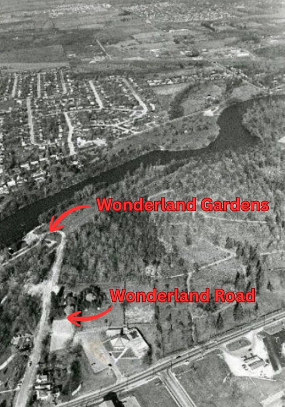 Aerial view of Wonderland Road in 1975, showing location of Wonderland Gardens.