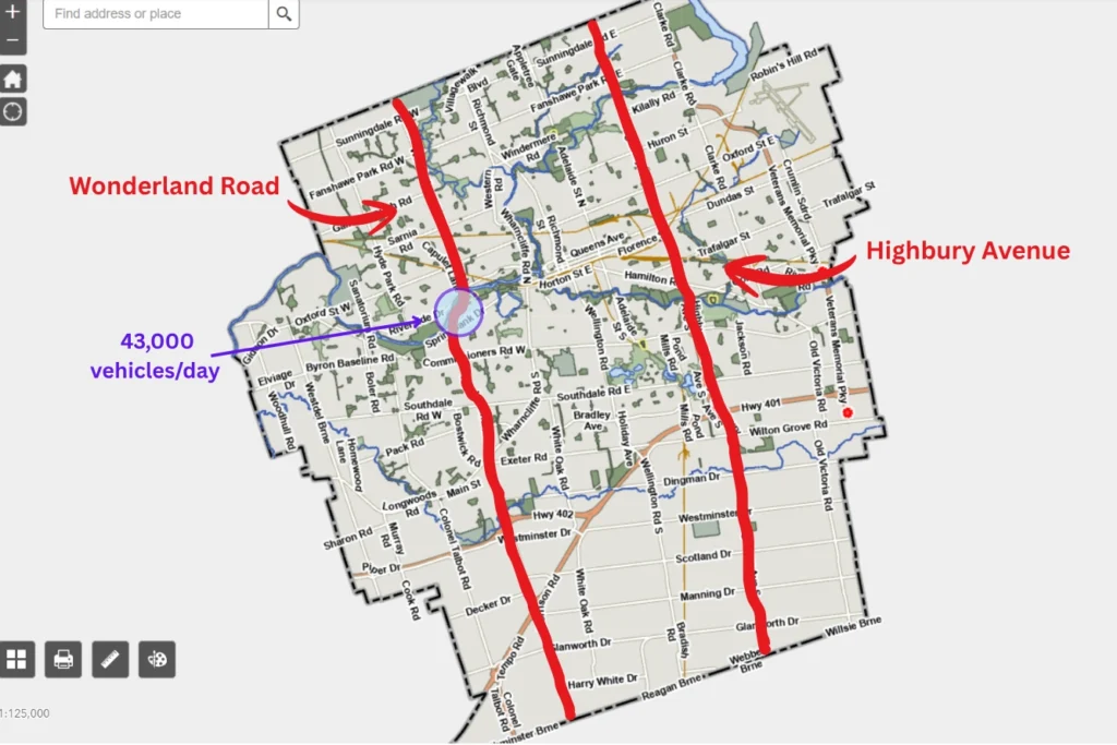 Map showing both Wonderland Road and Highbury Avenue being the main north-south corridors in London.