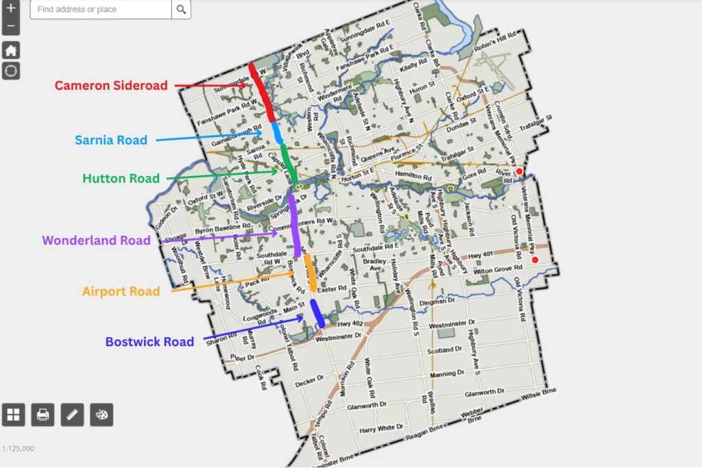 Map showing the six smaller local roads that were joined to form Wonderland Road.