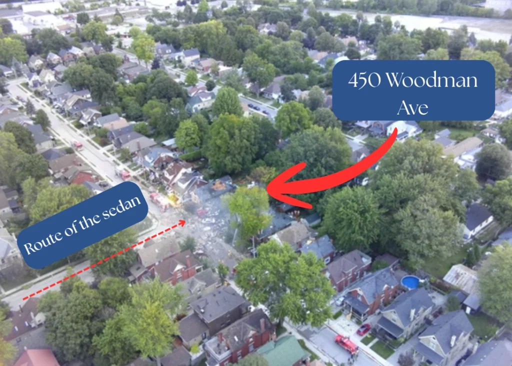 Drone shot of the path the car took before striking 450 Woodman Ave.