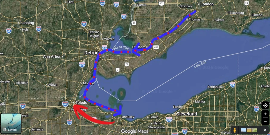 Map showing Slippery's escape route from London to Toledo.