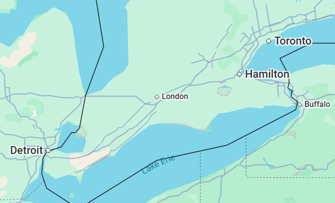 Google Map of southwestern Ontario.
