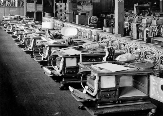 McClary wood-burning stoves, in the process of being manufactured, 1914-1918.