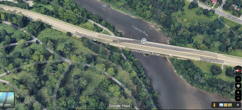 Aerial view of Guy Lombardo Bridge looking west.