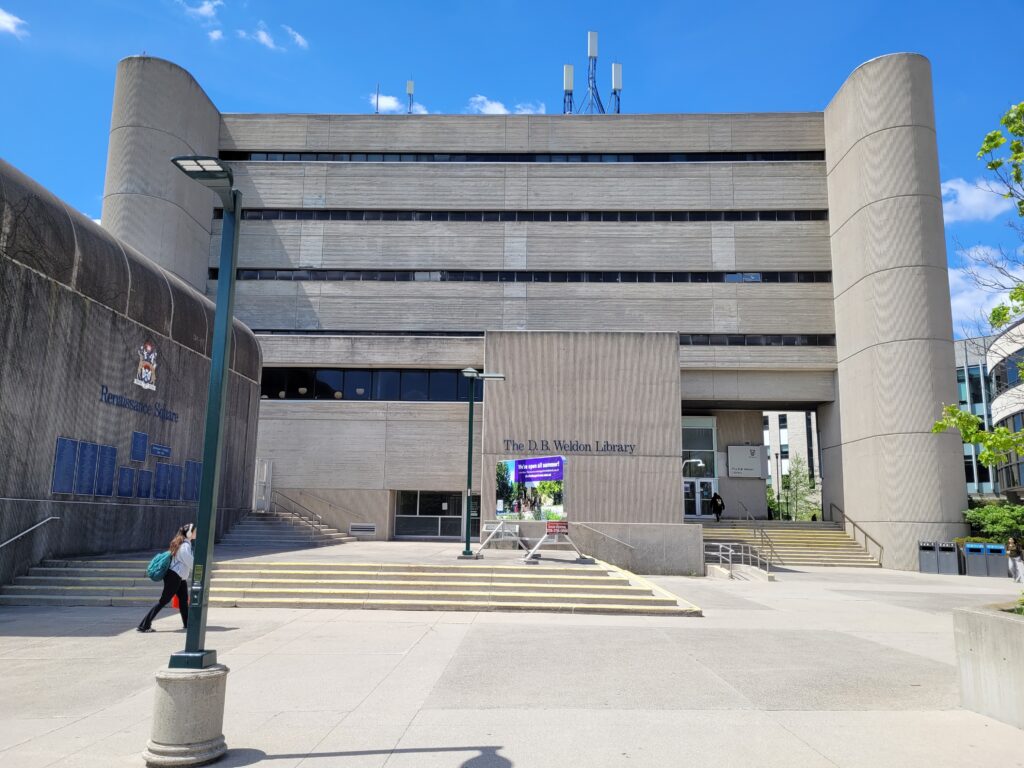 Exterior view of the modern D.B. Weldon Library.