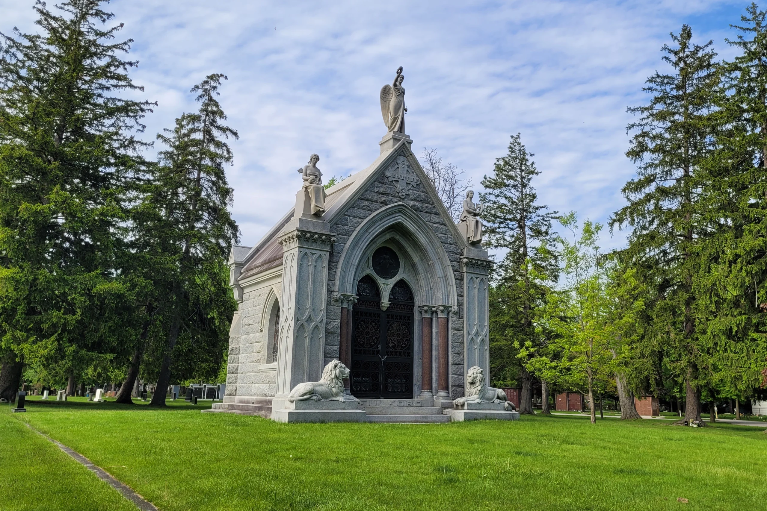 Ornate mausoleum in Woodland Cemetery, London.
