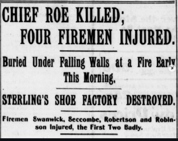 Newspaper clipping announcing the death of Chief Roe and the injured firemen.