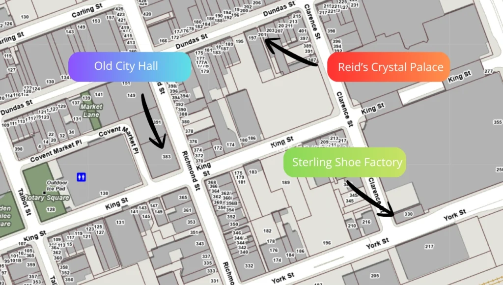 Map showing the location of the three building collapses in downtown London.