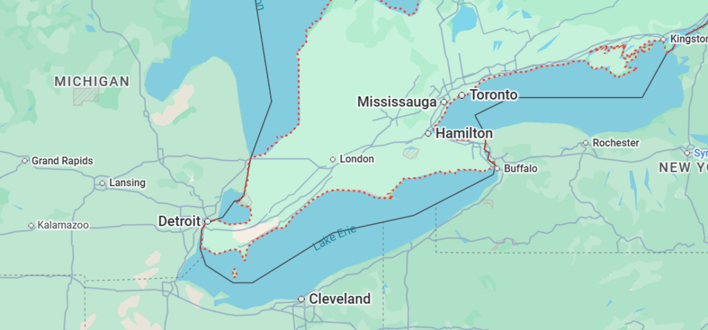 Map showing the location in southwestern Ontario, surrounded by three of the five Great Lakes.