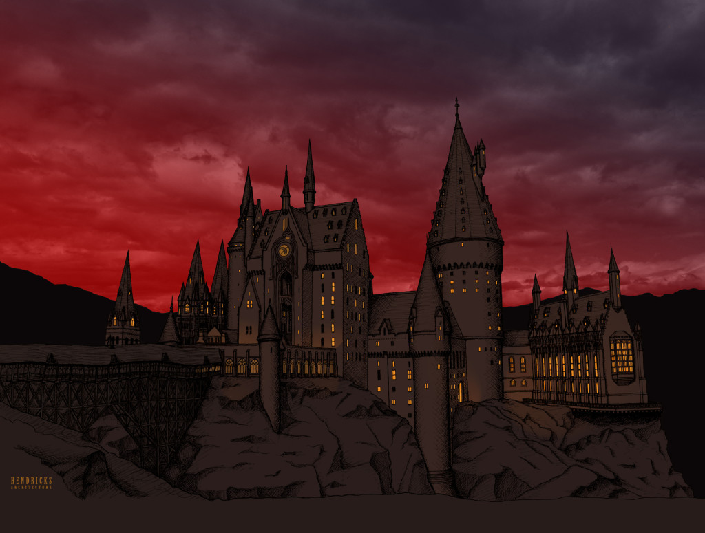 Notice the use of multiple spires in this rendering of the fictional Hogwarts Castle by Hendricks Architecture.