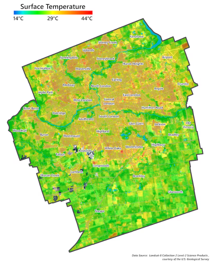 A map showing how the tree canopy in London keeps the city cooler in spots where there is tree coverage, compared to where trees are absent.