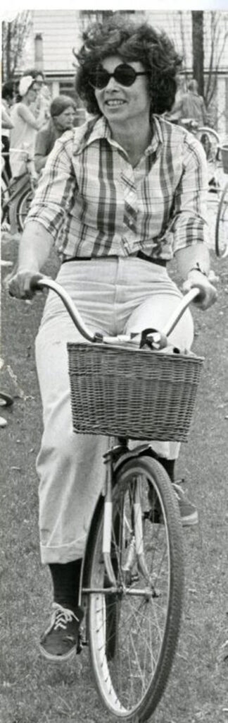 Mayor Bigelow riding her bicycle, circa 1970.