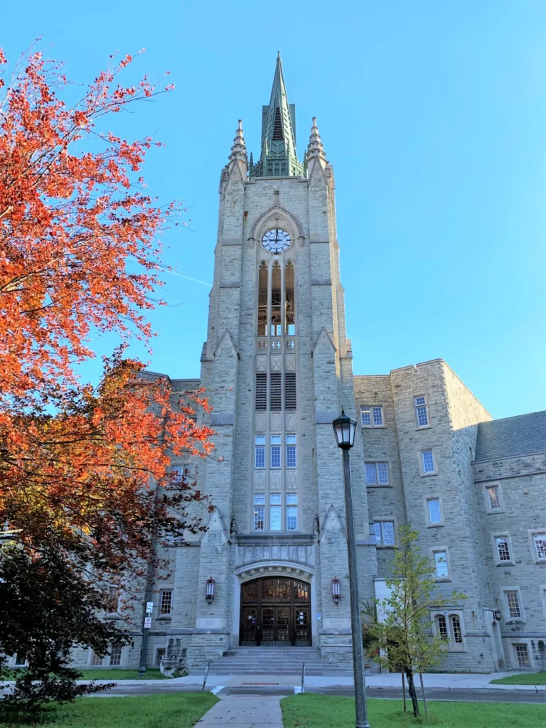 The clock tower at Middlesex College has a five-bell carillon; however, it was decommissioned in 2007 and is no longer functional due to the high cost of refurbishment. View of the high bell tower.