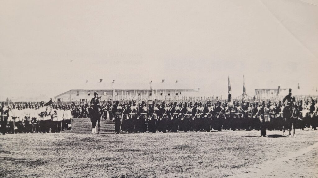 British troops marching on the parade grounds (now Victoria Park), during celebrations on Confederation Day, July 1, 1867. 