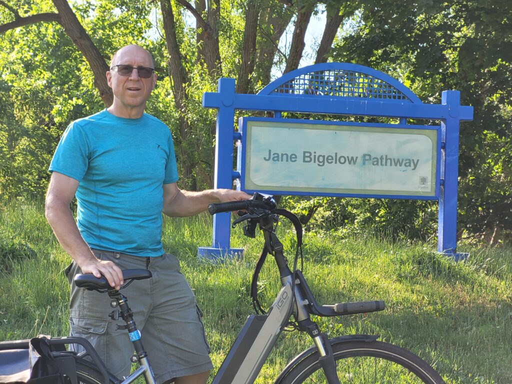 The author, standing with his bicycle at the entrance to the Jane Bigelow Pathway, which is now part of the 43-km-long Thames Valley Parkway.
