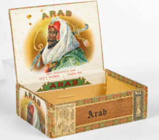 Early cigar box depicting racist stereotypes, this one of Arabic people.