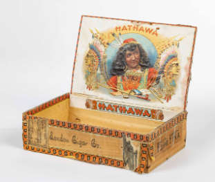 Early cigar box depicting racist stereotypes, this one of Indigenous people.