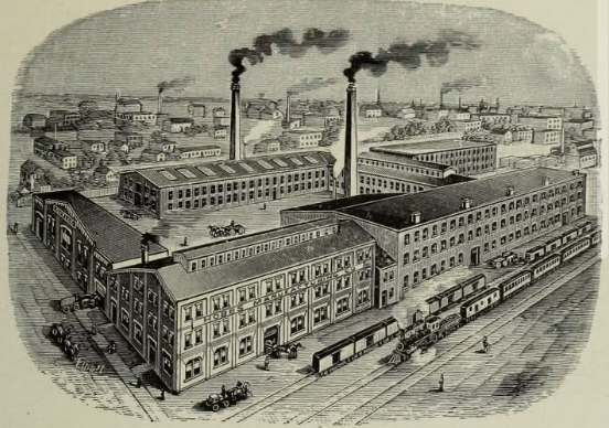 Illustration of factories billowing smoke in downtown London in 1907.