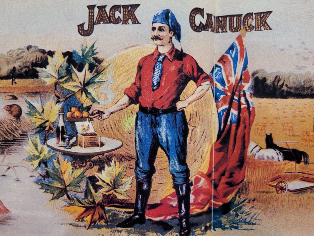 Cigar box, circa 1900, featuring Jack Canuck, a fictional heroic lumberjack character standing in front of all sorts of patriotic Canadian symbols.