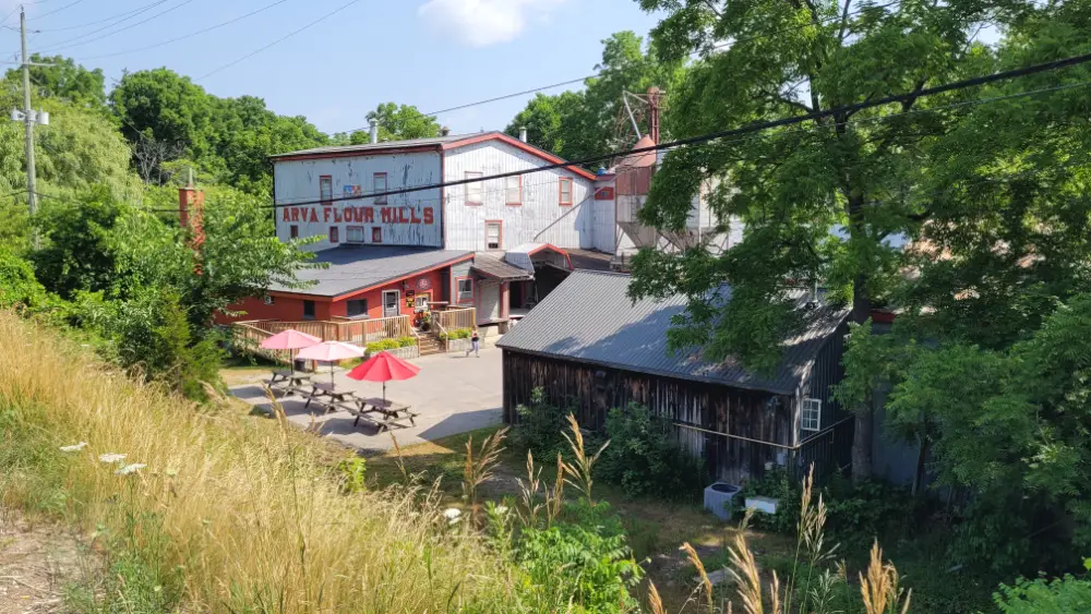 Arva Flour Mills, as viewed from the highway above.