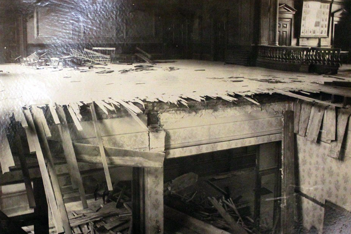 The gaping hole in the floor of Old City Hall after the supporting timbers gave way.