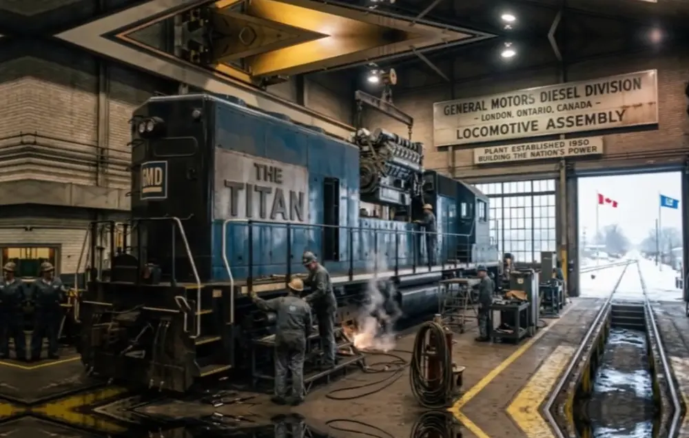 Inside the General Motors Diesel Division locomotive plant on Oxford Street.