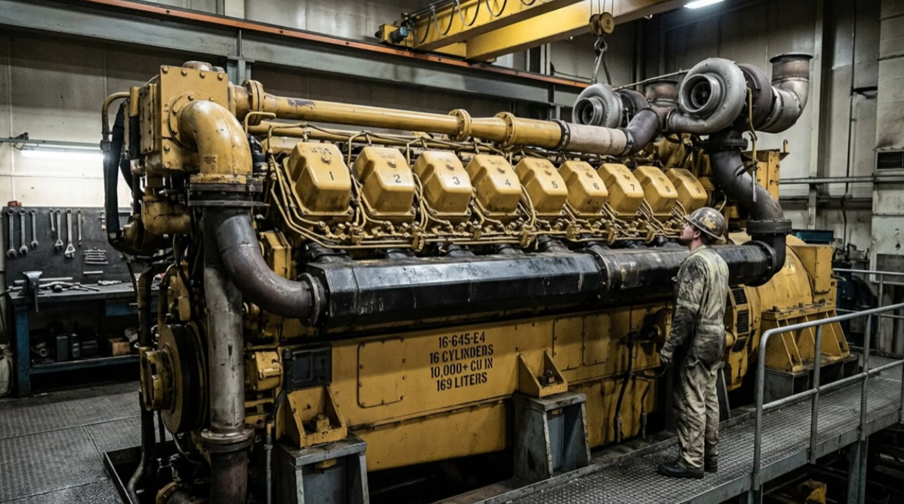 A closer look at the massive 3,300-horsepower 16-cylinder Electro-Motive locomotive engine.